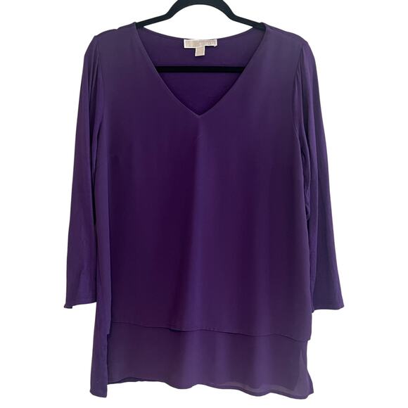 Michael Kors MK Layered-Look V-Neck 3/4 Sleeve Top Blouse Purple Size M - Picture 2 of 10